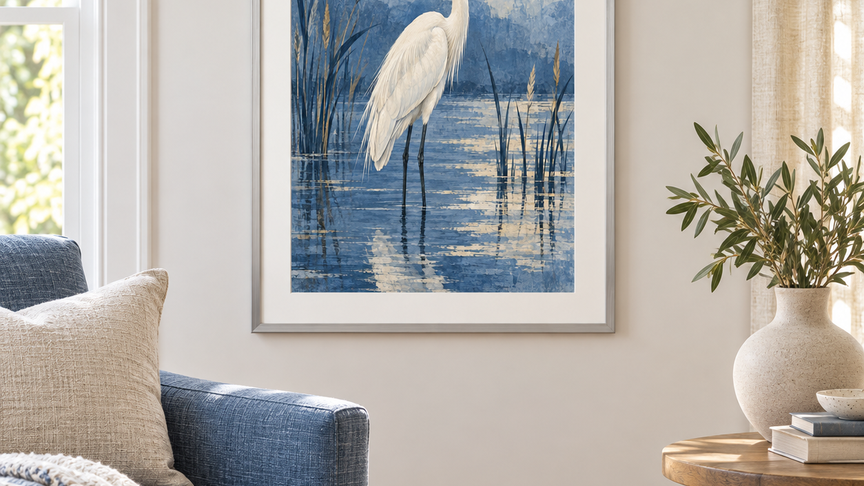 Room visualization: Heron in Blue with a silver-colored frame, blue chair and warm neutral furnishings