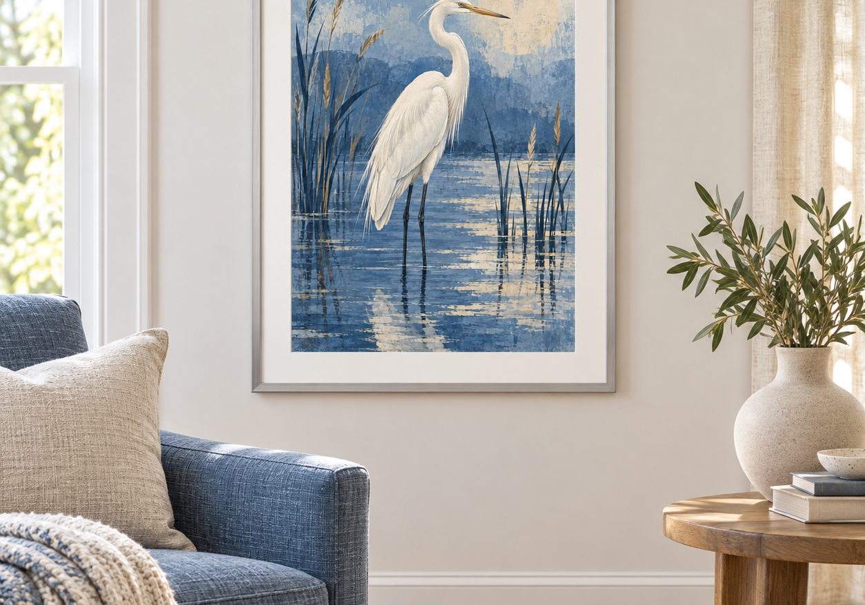 Room visualization: Heron in Blue with a silver-colored frame, blue chair and warm neutral furnishings
