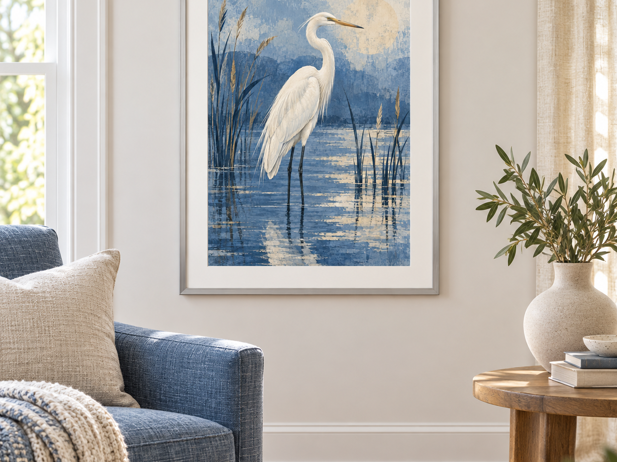 Room visualization: Heron in Blue with a silver-colored frame, blue chair and warm neutral furnishings