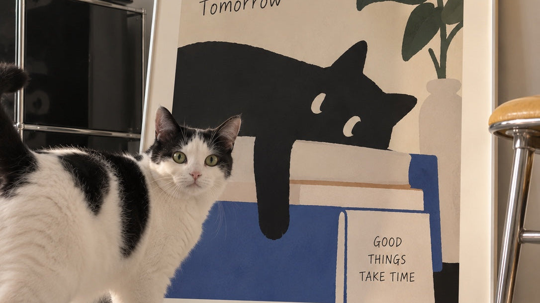 Playful cat wall art styled in a bright modern interior