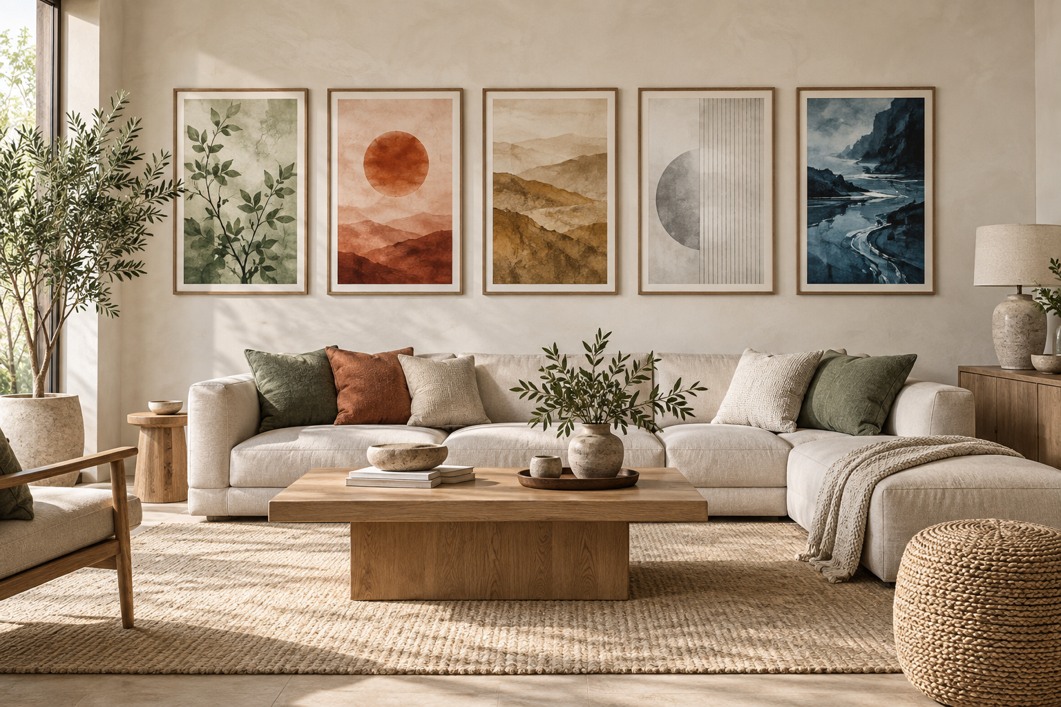 Five coordinated artworks representing Wood, Fire, Earth, Metal, and Water above a cream sofa.