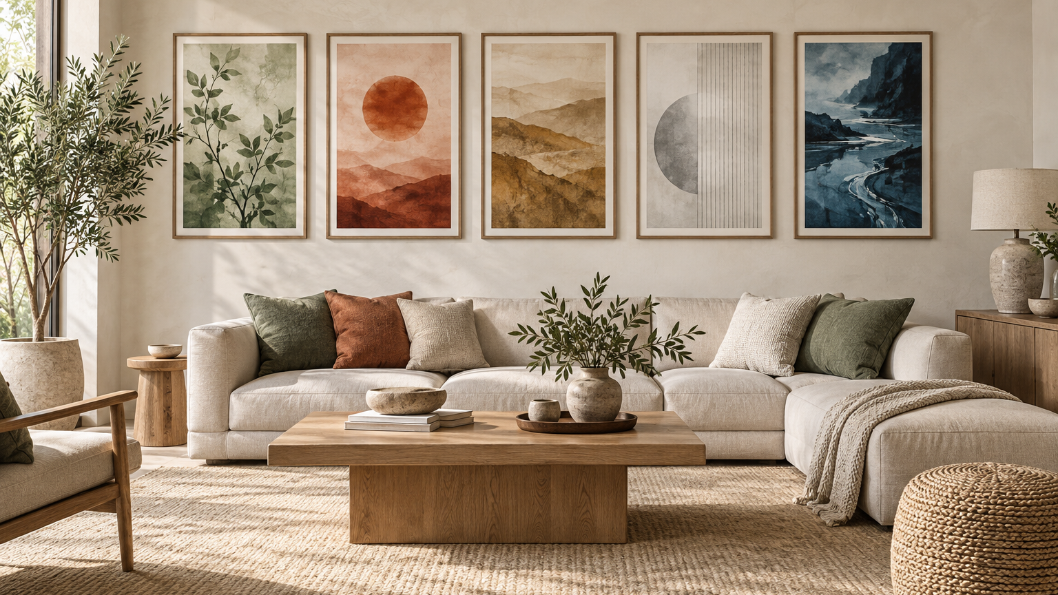 Five coordinated artworks representing Wood, Fire, Earth, Metal, and Water above a cream sofa.