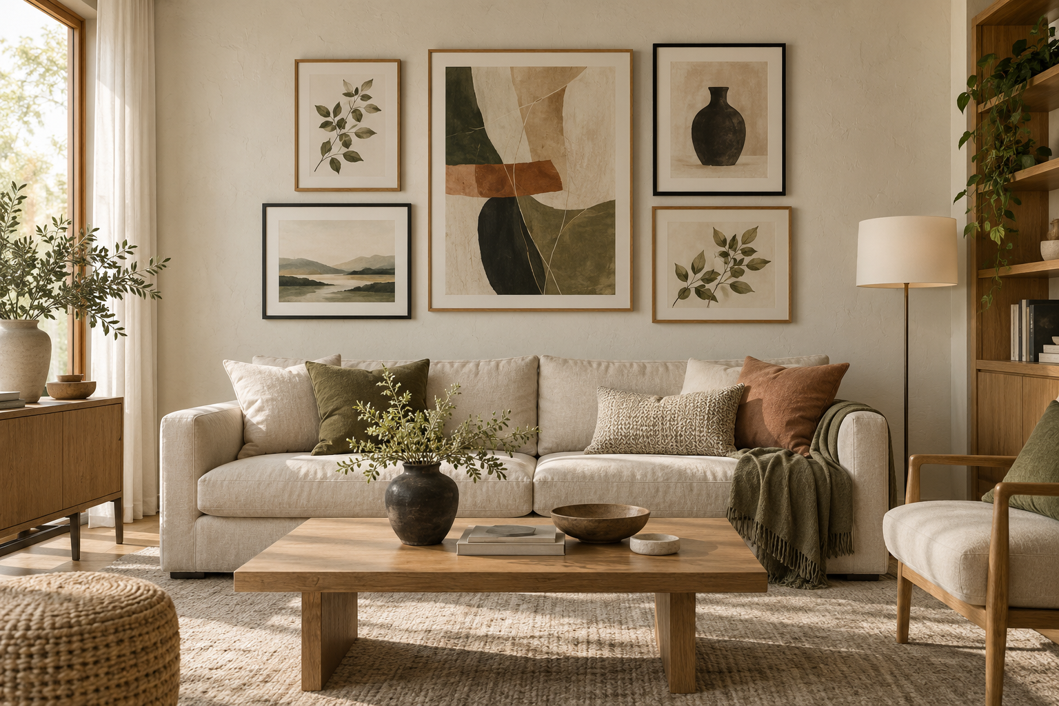 Five framed botanical and abstract prints above a cream sofa in a warm living room.
