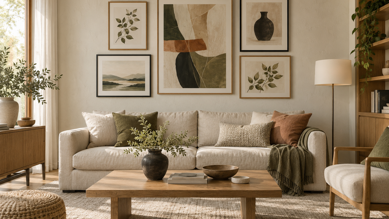 Five framed botanical and abstract prints above a cream sofa in a warm living room.