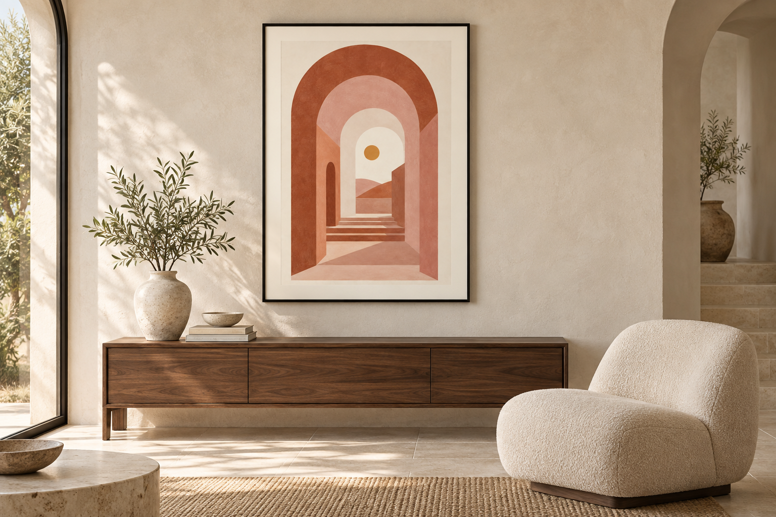 Terracotta Passage framed art in a warm neutral interior inspired by the Fire and Earth elements
