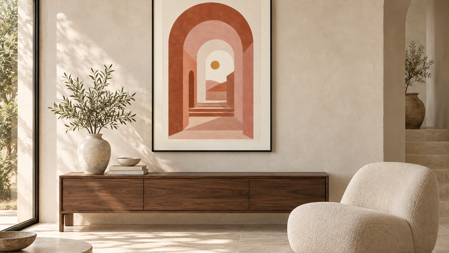 Terracotta Passage framed art in a warm neutral interior inspired by the Fire and Earth elements