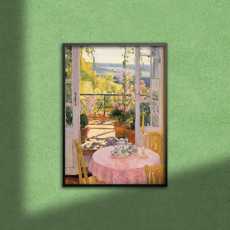 Afternoon Tea Bliss: A Pink Oil Painting of Elegance