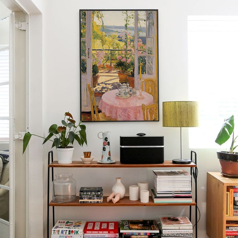 Afternoon Tea Bliss: A Pink Oil Painting of Elegance