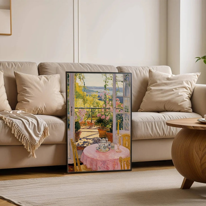 Afternoon Tea Bliss: A Pink Oil Painting of Elegance