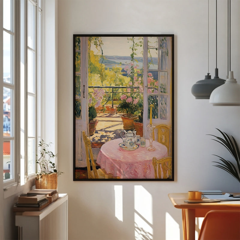 Afternoon Tea Bliss: A Pink Oil Painting of Elegance