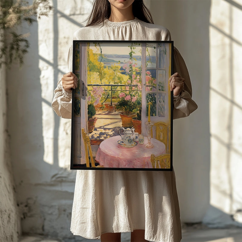 Afternoon Tea Bliss: A Pink Oil Painting of Elegance