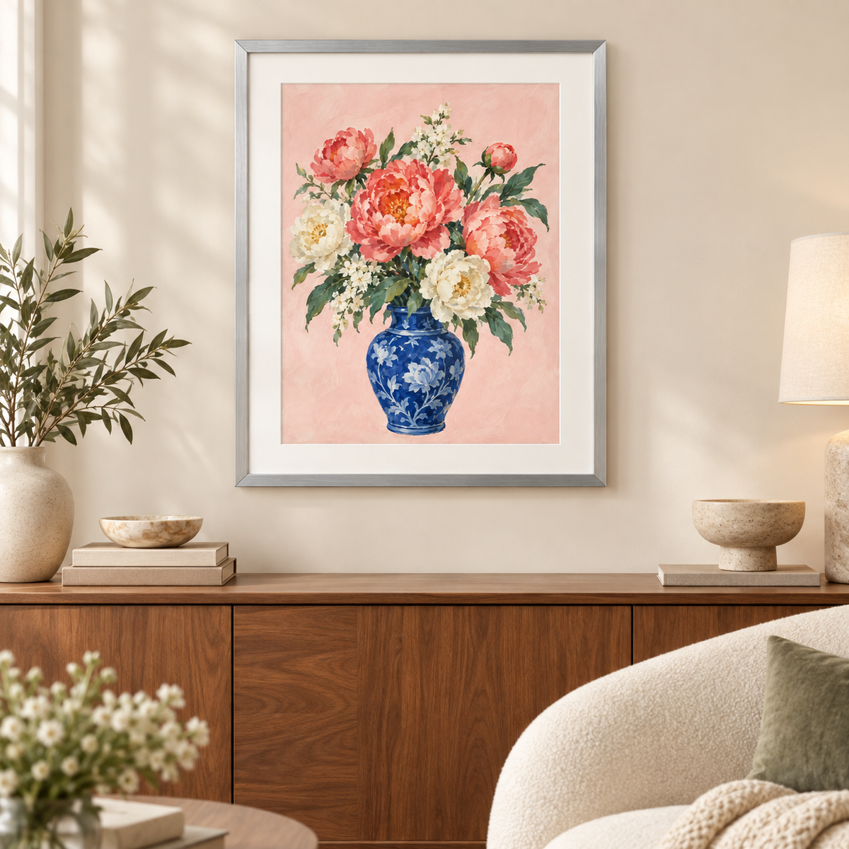 Blue Vase Peonies - silver frame room visualization