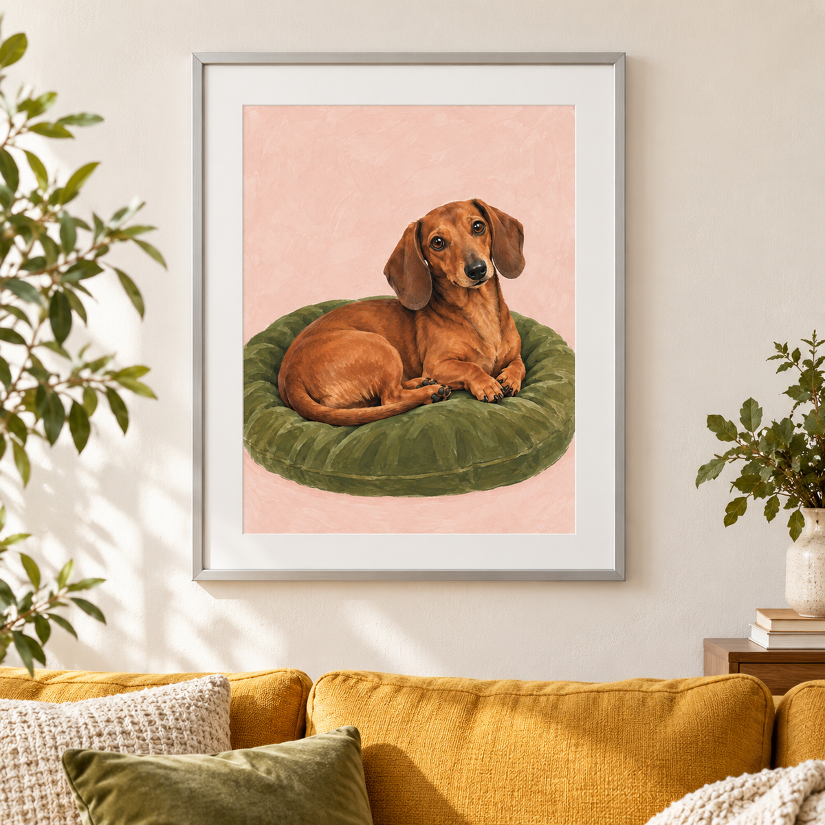 Dachshund Daydream - silver frame room visualization