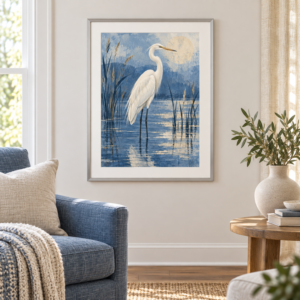 Heron in Blue - silver frame room visualization