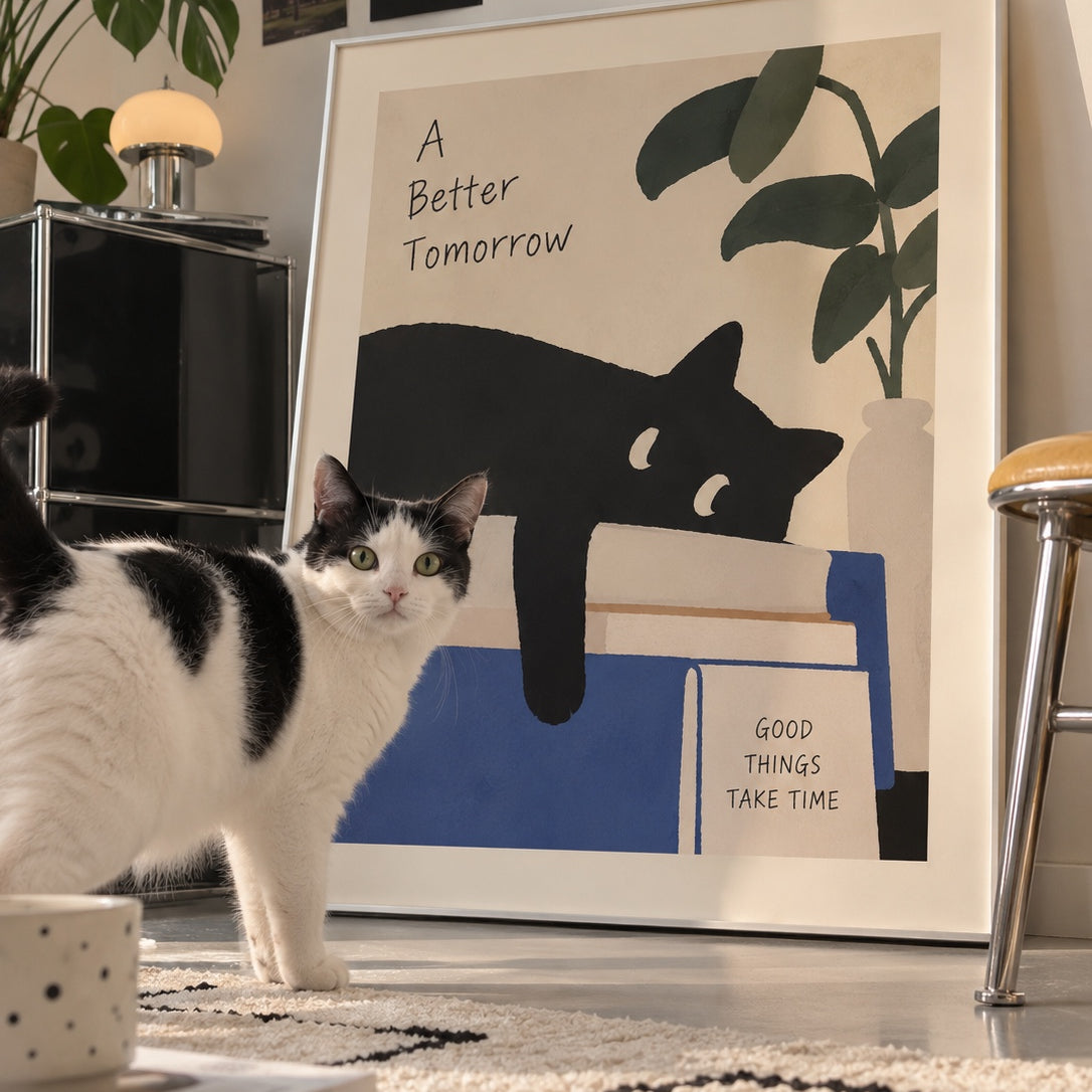 Playful cat art print lifestyle scene