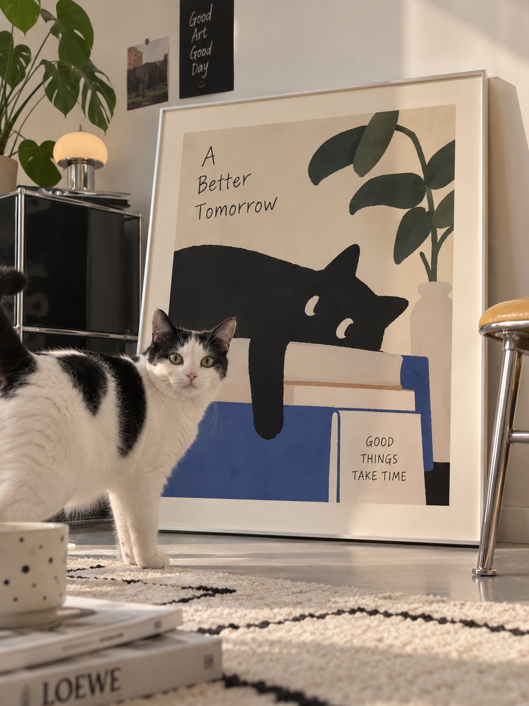 Playful cat art print lifestyle scene