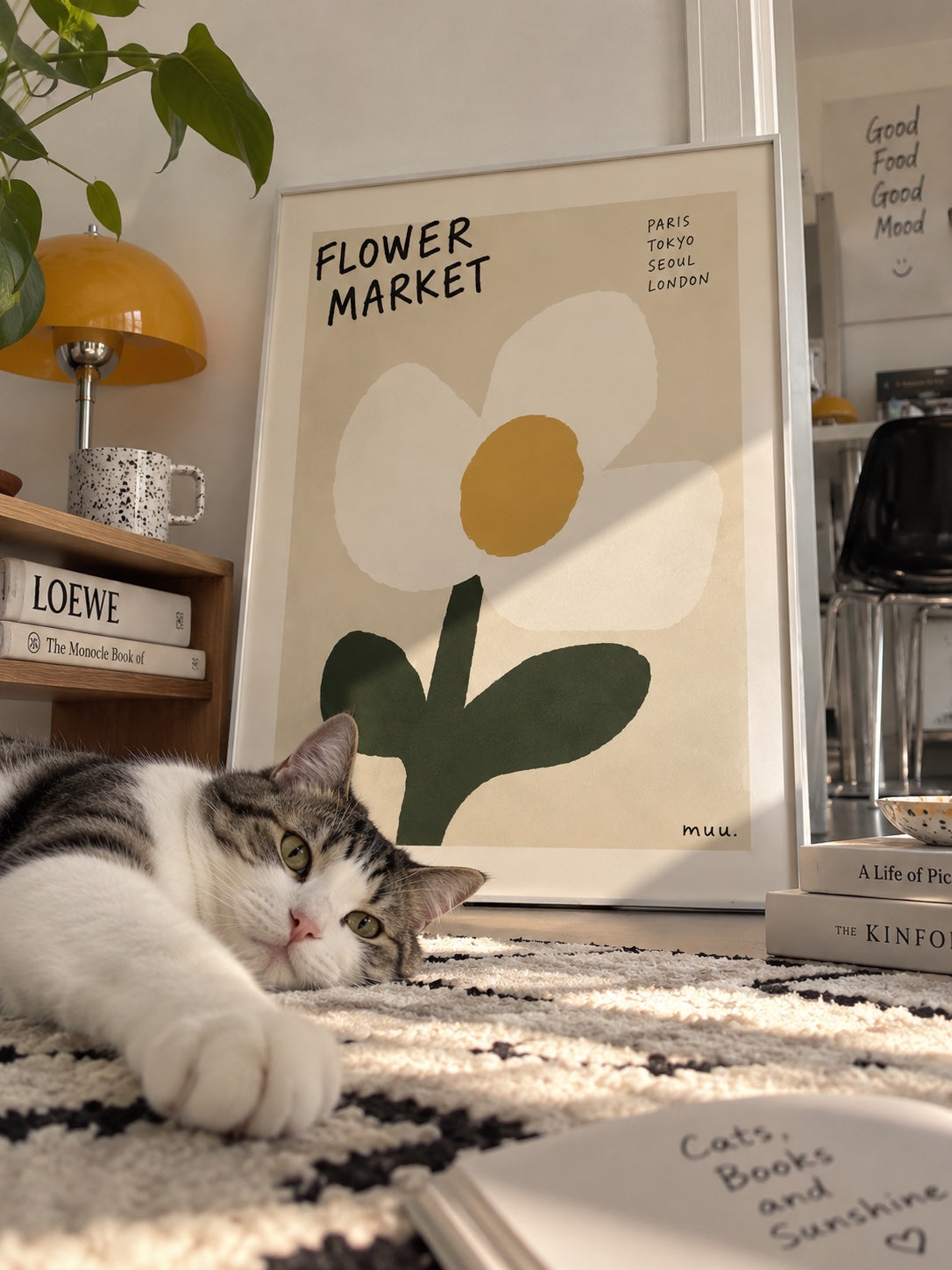 Cute cat flower art print lifestyle scene